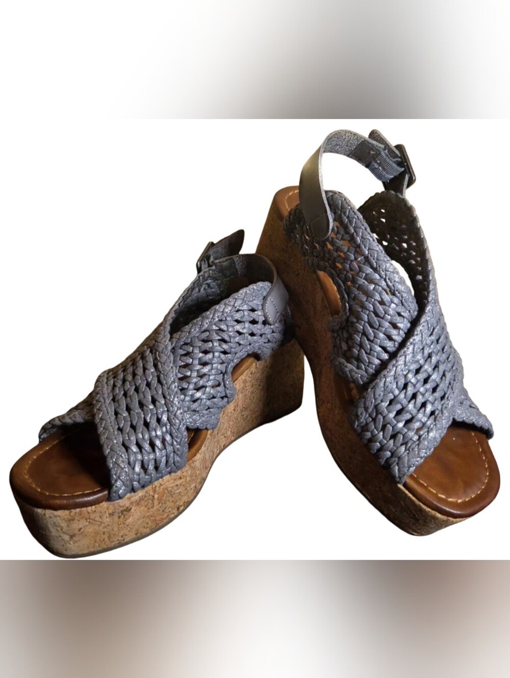 Blowfish Malibu Woven Cork Wedge Platform Sandals Metallic Pewter 6.5M